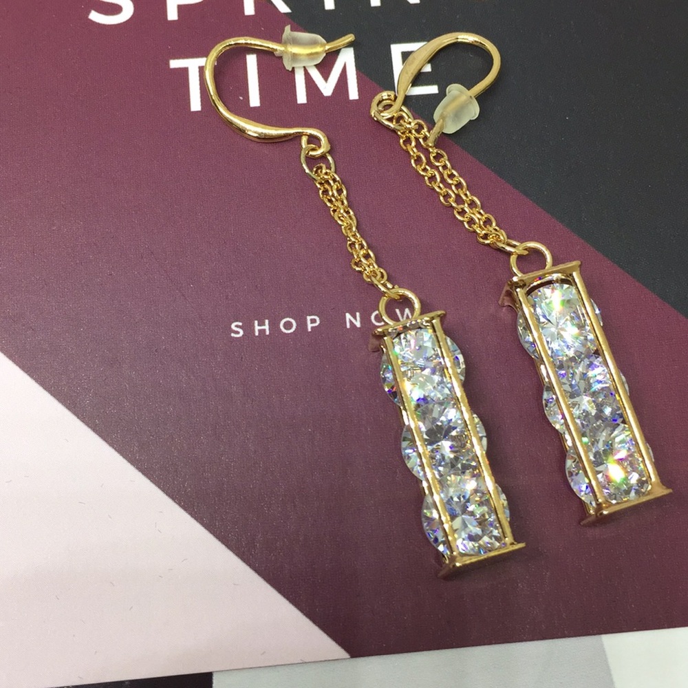 Triple diamond gold tone drop earrings - Picture 3 of 6